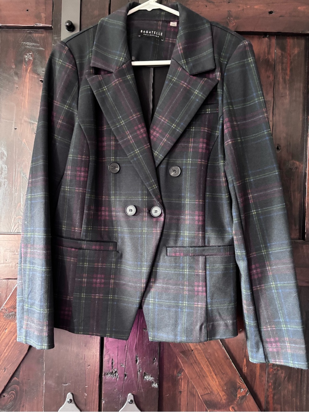 bagatelle Black Plaid Double-Breasted Blazer with Green and Burgundy Windowpane